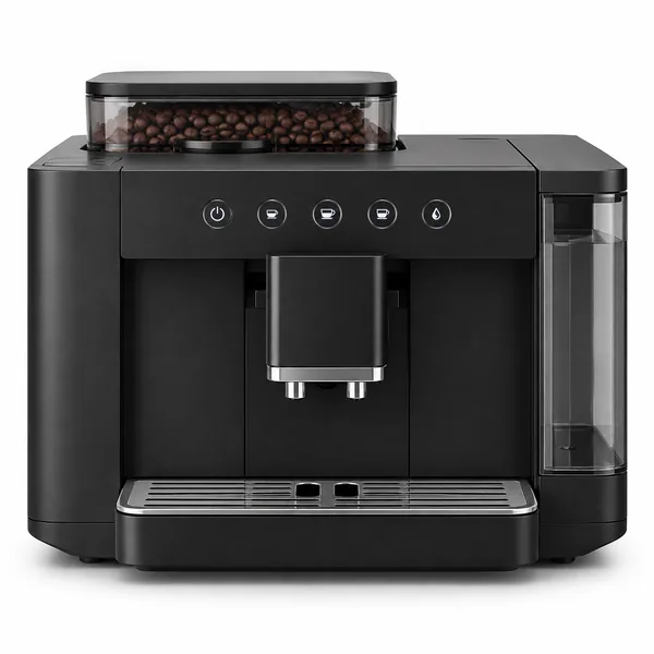 Cafetera superautomática negra, ancha y de poca altura, con tolva de granos de café en la parte superior, botones iluminados con iconos, salida de café central de doble boquilla y depósito de agua lateral