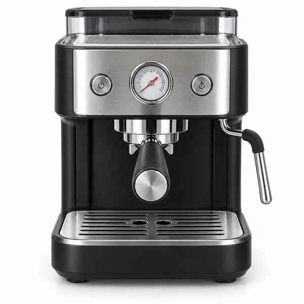 Cafetera espresso manual de cuerpo negro con frontal de acero inoxidable, portafiltro cromado con mango negro, manómetro redondo, dos botones y vaporizador de leche en el lateral derecho