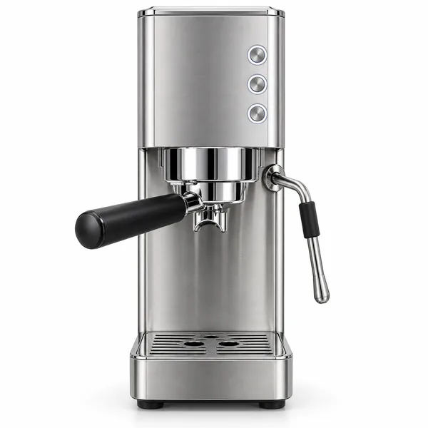 Cafetera espresso manual muy estrecha de acero inoxidable cepillado, con portafiltro de mango negro, tres botones redondos en vertical y vaporizador de leche en el lateral derecho