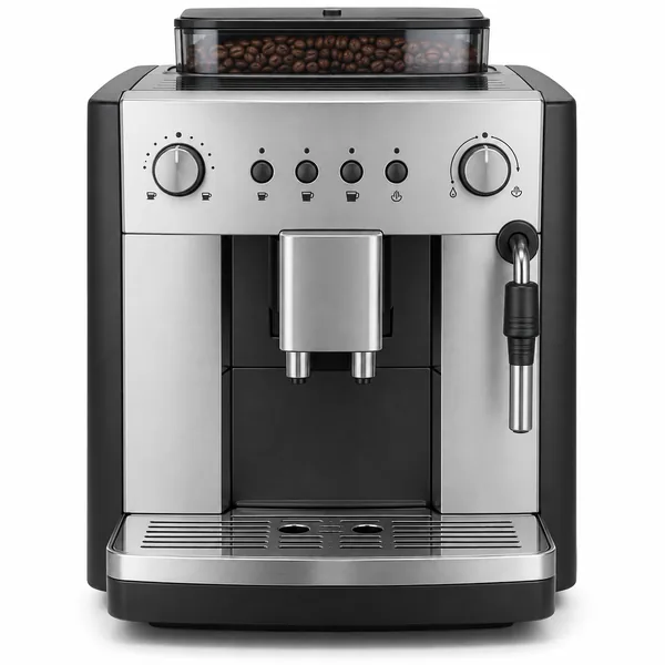 Cafetera superautomática de frontal plateado y laterales negros, con tolva de granos arriba, dos mandos giratorios y botones en el panel, salida de café central regulable y vaporizador de leche en el lateral derecho