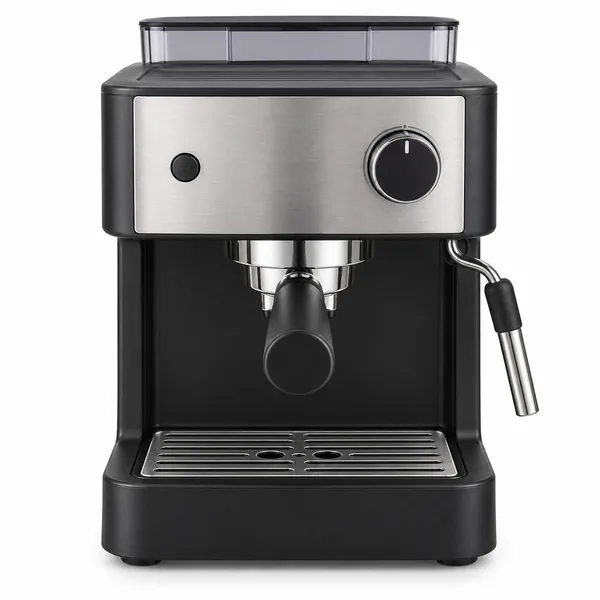 Cafetera espresso manual sencilla de cuerpo negro con panel frontal de acero, portafiltro cromado con mango negro, un mando giratorio, un botón y vaporizador de leche a la derecha