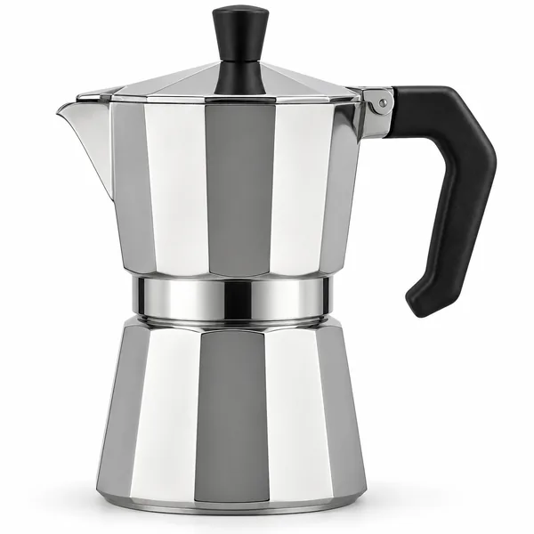 Cafetera italiana octogonal de acero inoxidable pulido con asa y pomo negros, pico vertedor y base plana apta para inducción