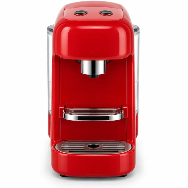 Cafetera de cápsulas muy pequeña de color rojo brillante, con dos botones redondos en la parte superior, rejilla apoyatazas cromada abatible y depósito de agua trasero transparente