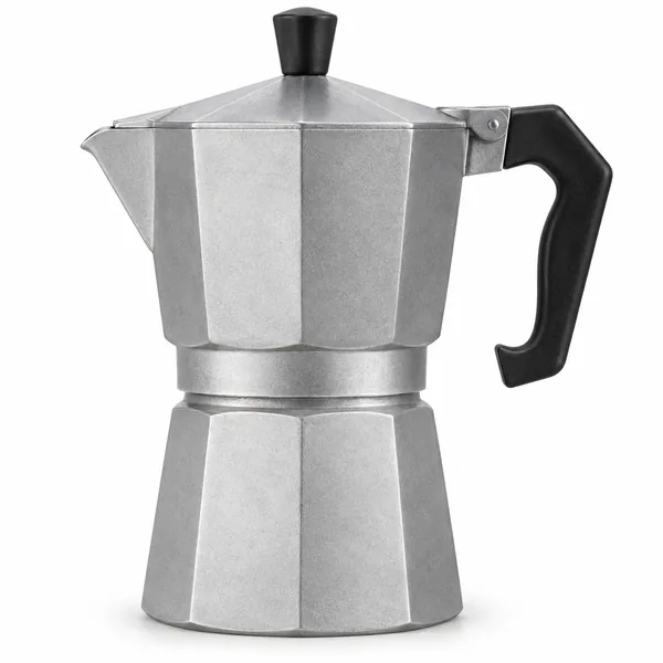 Cafetera italiana clásica octogonal de aluminio mate con asa negra de baquelita, pomo negro en la tapa y pico vertedor