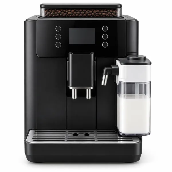 Cafetera superautomática negra con pantalla pequeña rodeada de botones con iconos, tolva de granos arriba, salida de café central y jarra de leche blanca y transparente acoplada en el lateral derecho