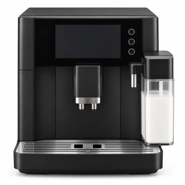 Cafetera superautomática negra con pantalla a color grande en el frontal, tres botones táctiles redondos al lado, salida de café central regulable y jarra de leche transparente acoplada en el lateral derecho