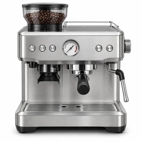 Cafetera espresso de acero inoxidable con tolva de grano, manómetro, portafiltro y vaporizador